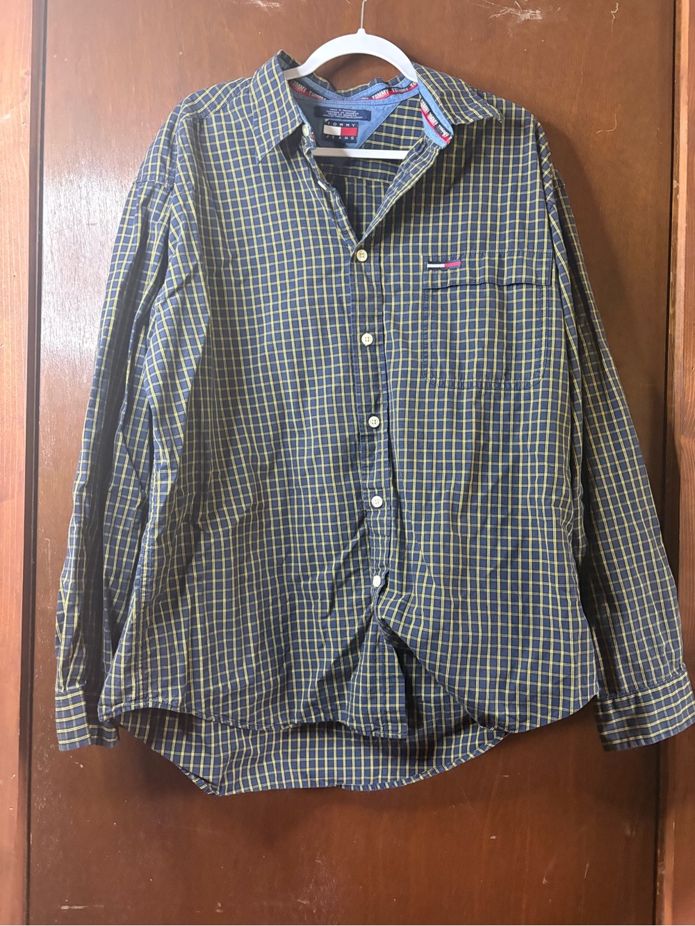 Tommy Hilfiger Navy and Yellow Checked Long-Sleeve Button-Down Shirt